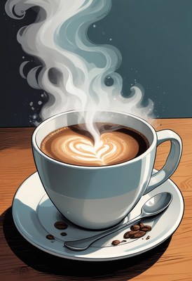 Steaming coffee with heart design