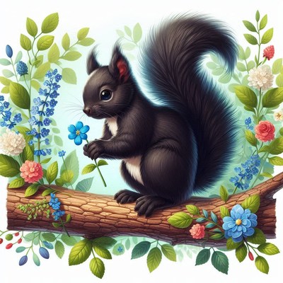 Black squirrel on branch with flowers