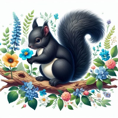 Black squirrel on branch with flowers