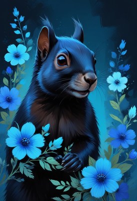 Blue squirrel in flowers