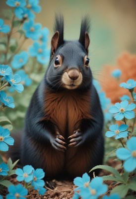 Black squirrel among blue flowers