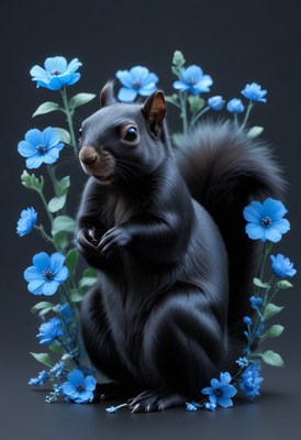 Black squirrel amidst blue flowers