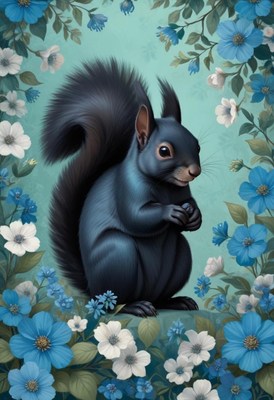 Black squirrel among flowers