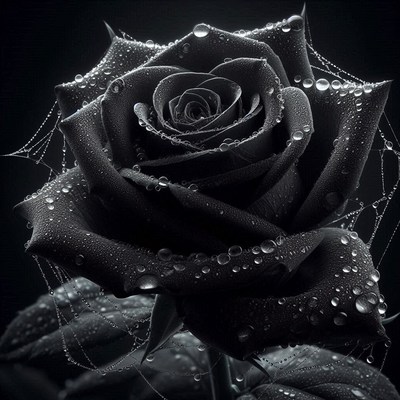 Black rose with dewdrops and spider web