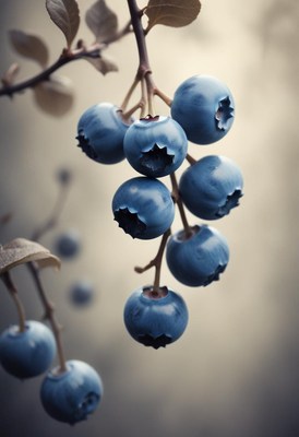 Ripe blueberries hanging from branch