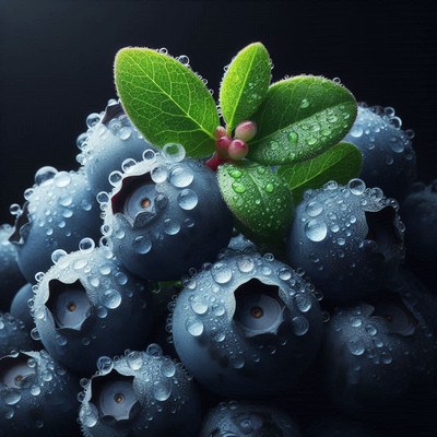 Fresh blueberries with dewdrops and leaves