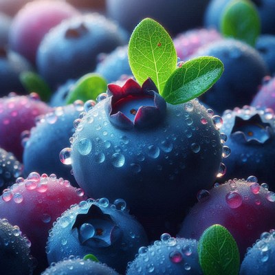 Dew-covered blueberries close up