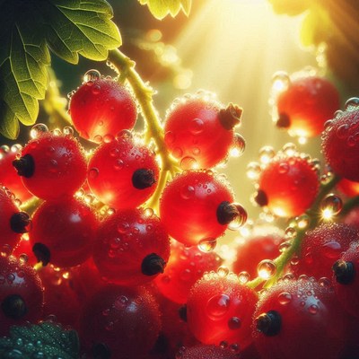 Dewy red currants in morning sun