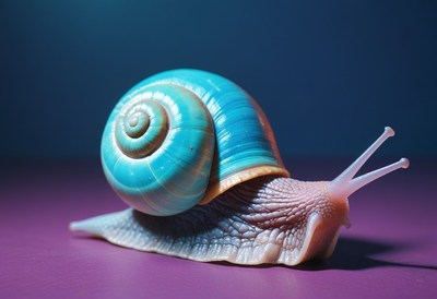Blue snail on purple surface