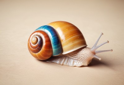 Snail with blue shell on beige background