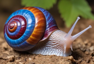 Colorful snail crawling on ground