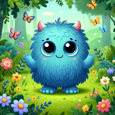 Blue furry monster in a flowery forest