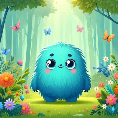 Smiling fuzzy monster in forest
