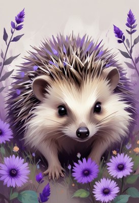 Hedgehog among purple flowers