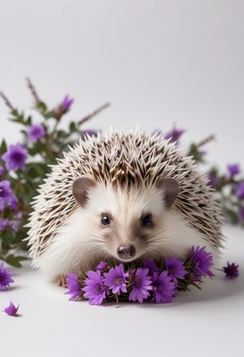 Hedgehog among purple flowers