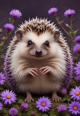 Hedgehog among purple flowers