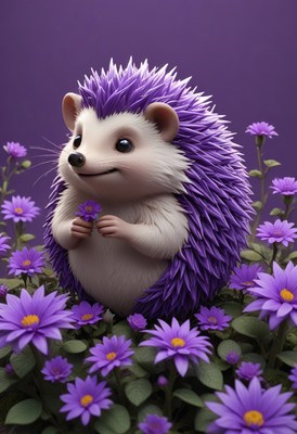 Purple hedgehog in flower patch