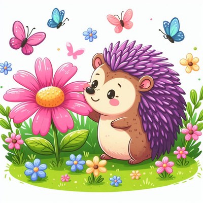Hedgehog smelling flower in meadow