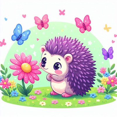 Hedgehog sniffs flower in garden