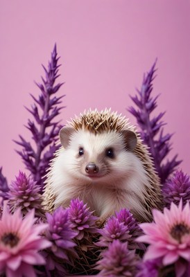 Hedgehog among purple flowers