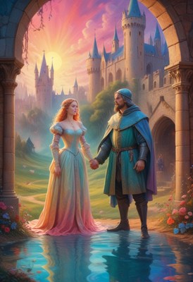 Couple holding hands outside castle at sunset