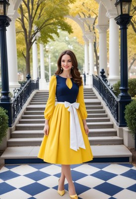 Woman in yellow dress on steps