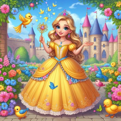 Princess in yellow gown at castle garden