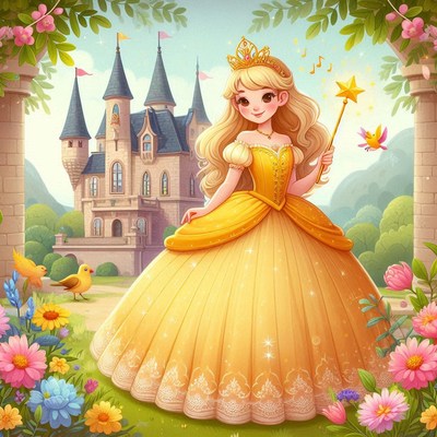 Princess in yellow dress near castle