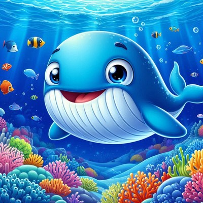 Cartoon whale swimming in coral reef