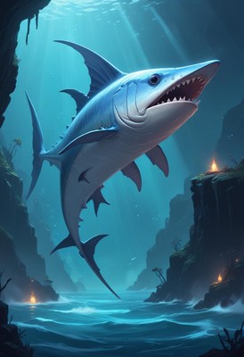 Blue shark leaps over cliffs