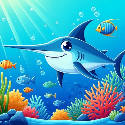 Smiling swordfish in coral reef