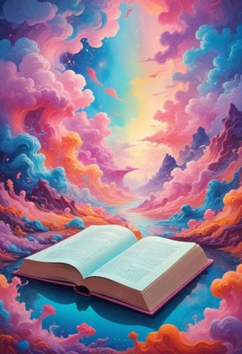 Open book leads to dreamy landscape