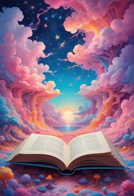 Open book reveals fantasy landscape