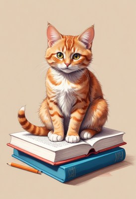 Orange tabby cat sitting on books