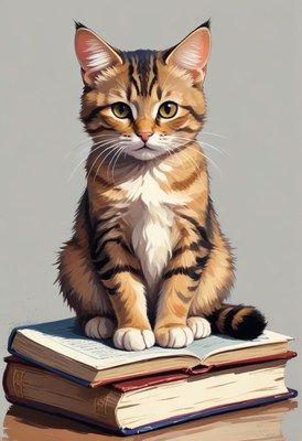 Tabby cat sitting on books