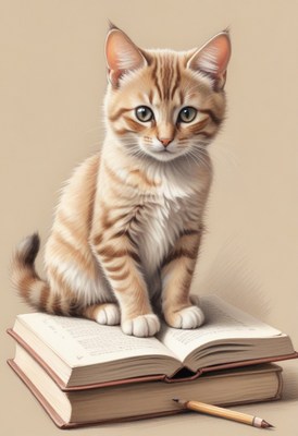 Tabby kitten sitting on book