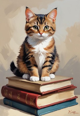 Tabby kitten sitting on books
