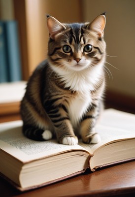 Tabby cat sitting on open book