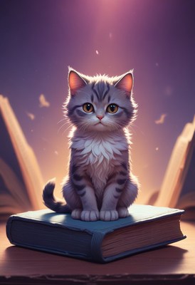 Kitten sitting on book at dusk