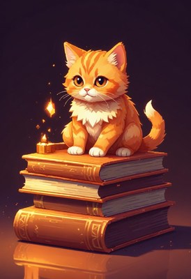 Orange kitten on stack of books