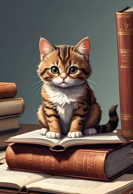 Kitten studying books