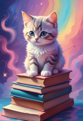 Kitten sitting on books in a starry sky