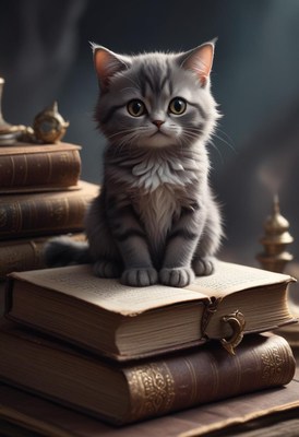 Kitten sitting on books