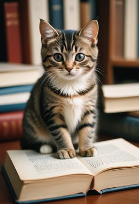 Tabby kitten sitting on book in library
