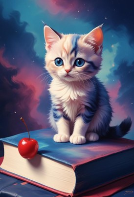 Kitten on book with cherry