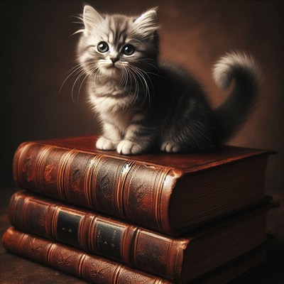 Kitten perched on stack of books