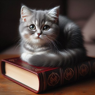 Gray kitten on book