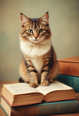Tabby cat sitting on open book