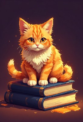 Orange kitten on stack of books