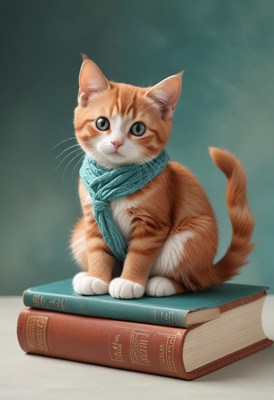 Orange kitten sitting on books